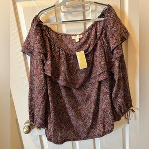 Michael Michael Kors 2X Royal Pink Maroon Paisley Ruffle Blouse Off the Shoulder